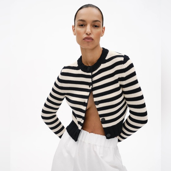 GWYN Demoiselle Cashmere Cotton Striped Cardigan in Navy Oat
